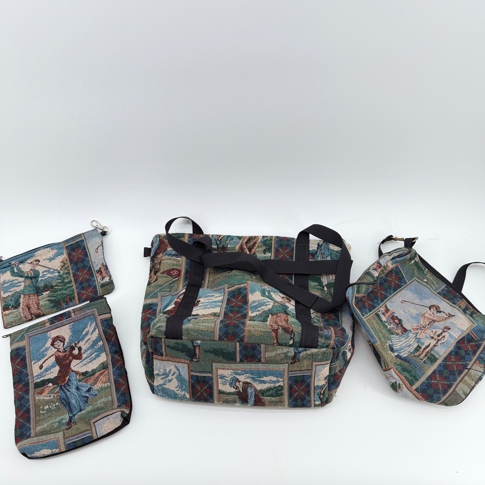 Vintage Golf Tapestry Bag Set 4 Piece Tote Crossbody‎ Pouches Victorian Scene